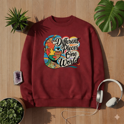 Bordeauxfarbenes Organic Sweatshirt aus Bio-Baumwolle mit „Different Pieces One World“ Neurodiversität Design von Bright Lights Arts im Lifestyle Mockup auf Holzuntergrund mit Pflanzen und Kopfhörern