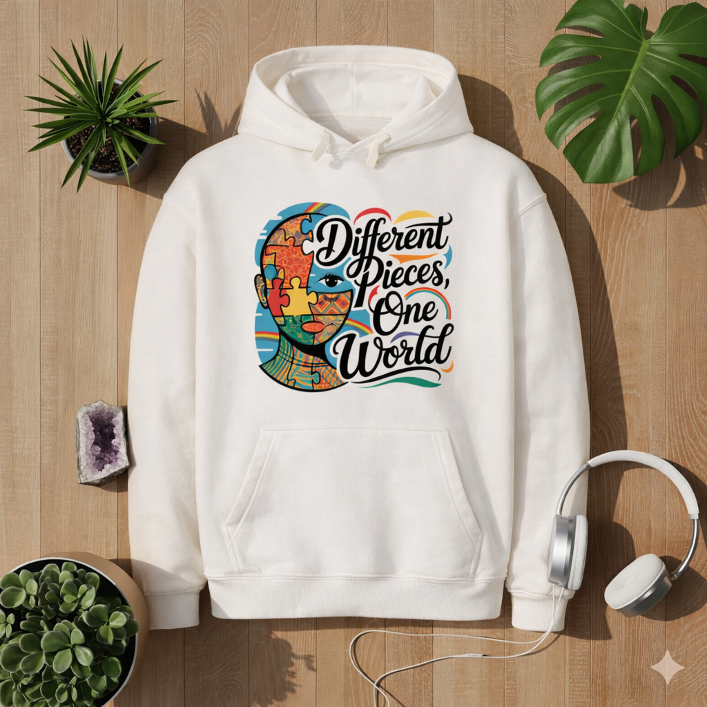 Beiger Oversized Hoodie aus Ultra Heavy Cotton mit „Different Pieces One World“ Neurodiversität Design von Bright Lights Arts im Lifestyle Mockup auf Holzuntergrund mit Pflanzen und Kopfhörern