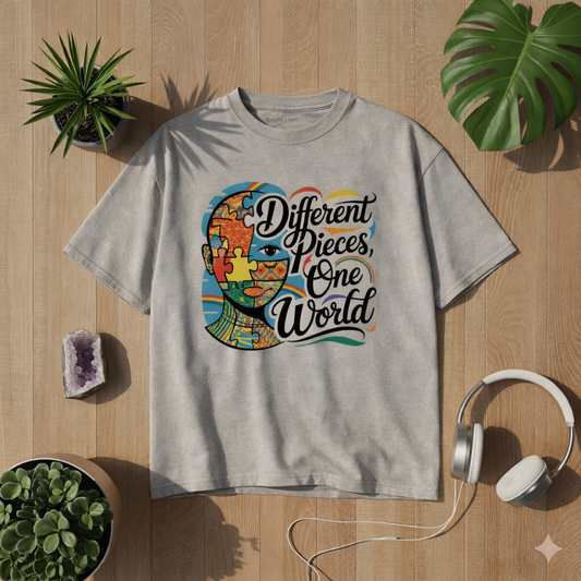 Graues Oversized T-Shirt mit „Different Pieces One World“ Neurodiversität Design von Bright Lights Arts im Lifestyle Mockup auf Holzuntergrund mit Pflanzen und Kopfhörern