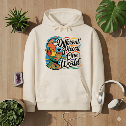 Beiger Premium Hoodie aus Bio-Baumwolle mit „Different Pieces One World“ Neurodiversität Design von Bright Lights Arts im Lifestyle Mockup auf Holzuntergrund mit Pflanzen und Kopfhörern