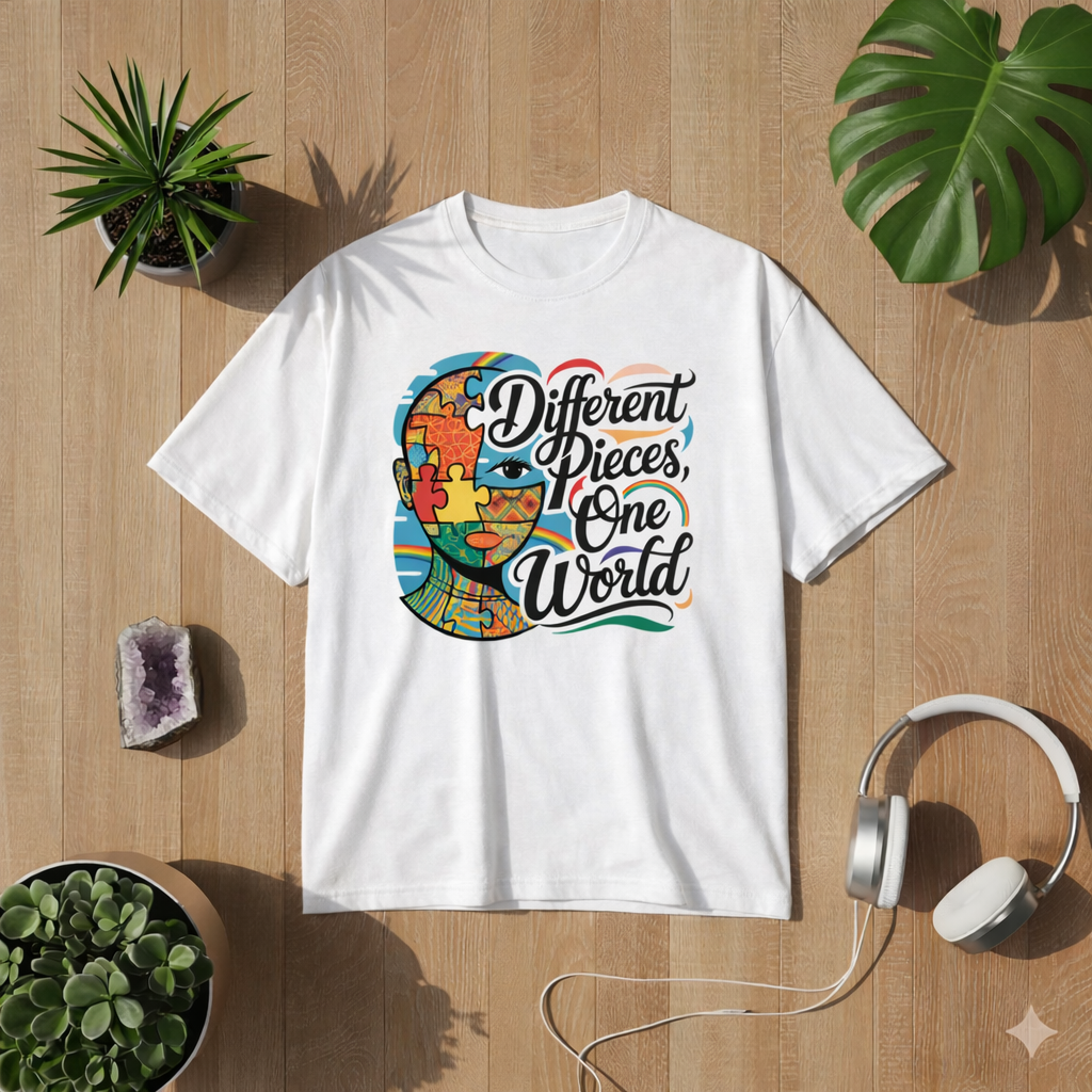 Beiges Premium T-Shirt im Lifestyle Mockup mit „Different Pieces One World“ Design von Bright Lights Arts, flach liegend auf Holzuntergrund mit Pflanzen und Kopfhörern