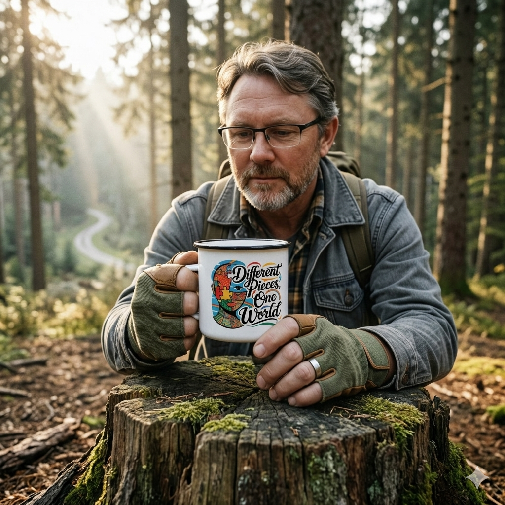 Robuste Emaille-Tasse mit buntem Puzzle-Portrait und Slogan Different Pieces One World in der Natur.