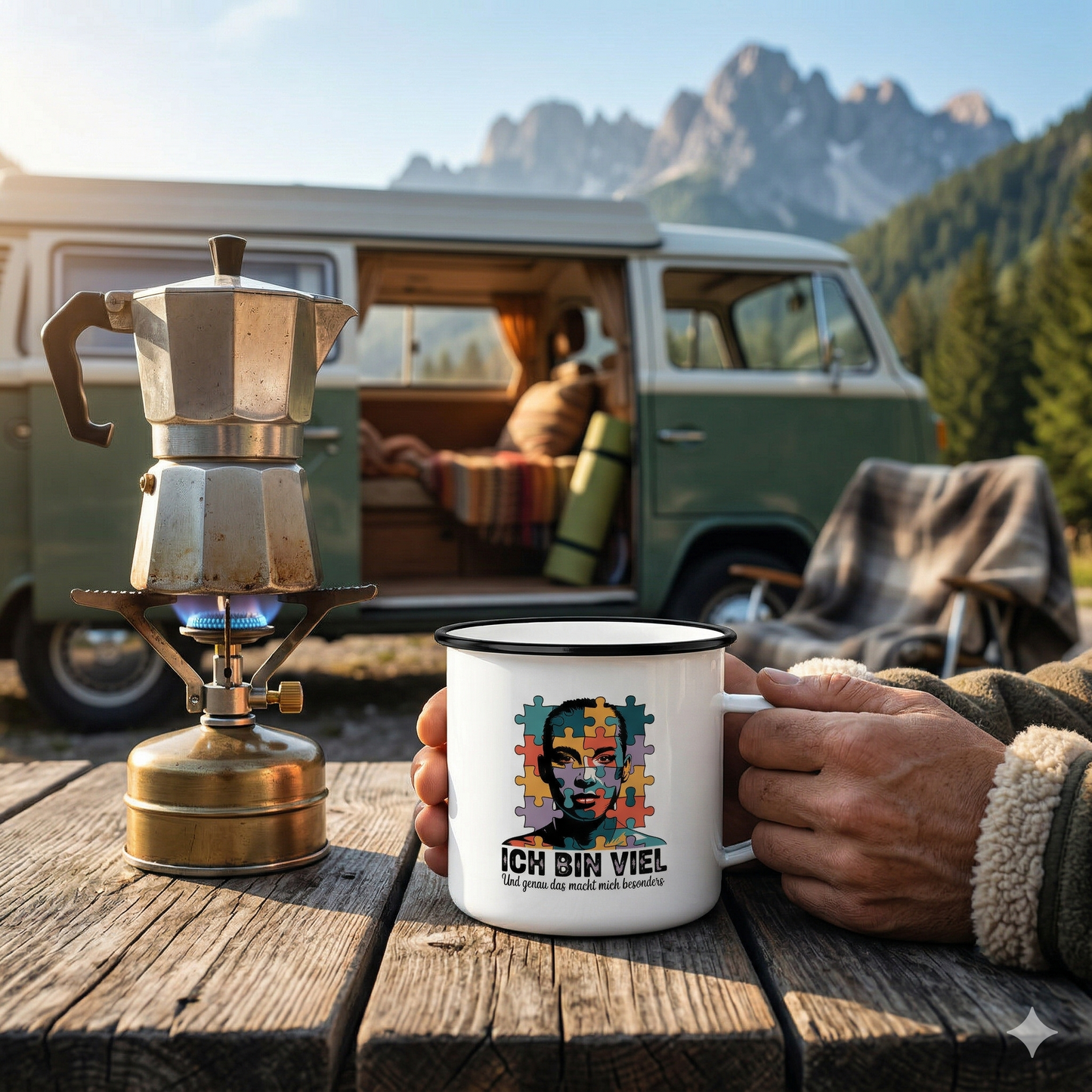 Robuste weiße Emaille-Tasse mit künstlerischem Puzzle-Profil und Text Ich bin viel in einer Naturkulisse.