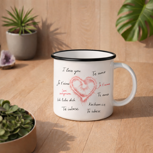 Weiße Emailletasse mit leuchtendem Herz Design und „I love you“ in verschiedenen Sprachen auf hellem Holz Hintergrund im natürlichen Lifestyle Mockup