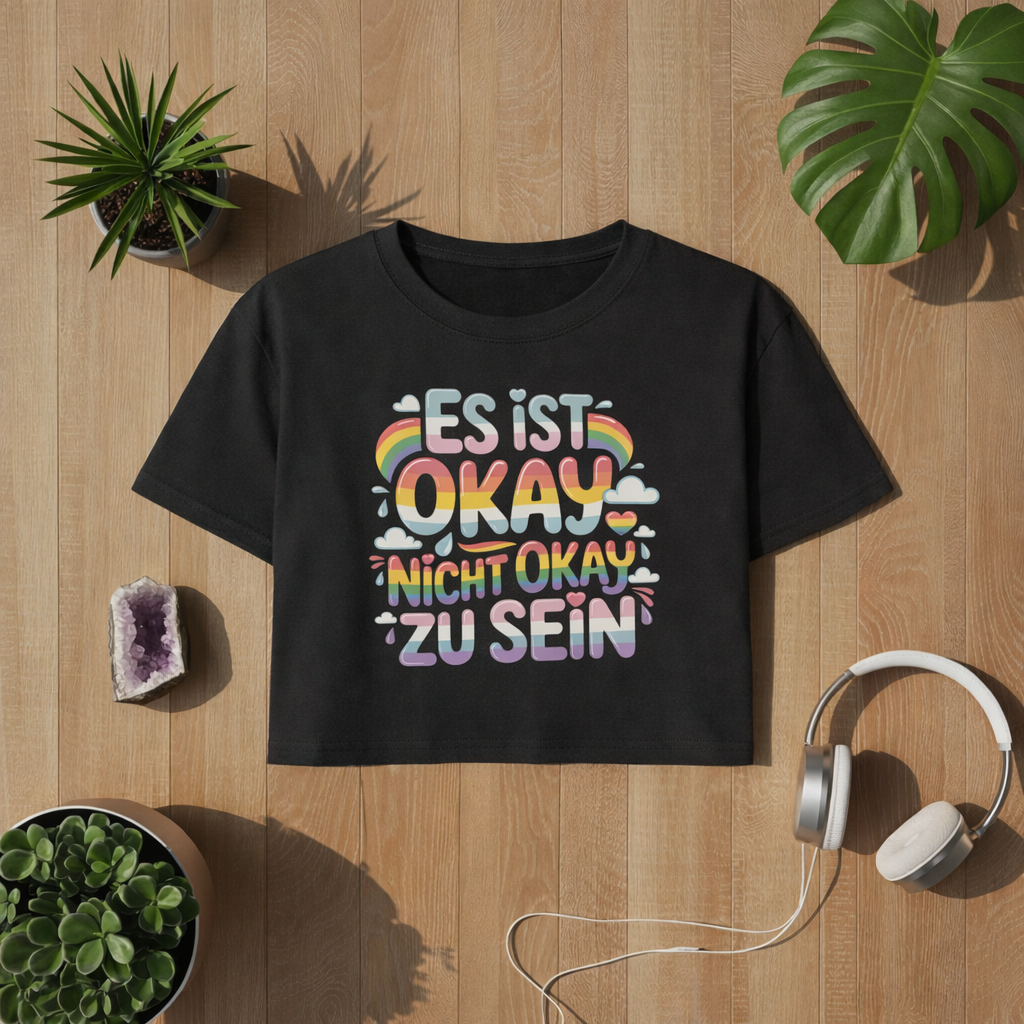 Schwarzes Cropped T-Shirt mit „Es ist okay nicht okay zu sein“ Design in bunten Regenbogenfarben – modernes Mental Health Statement Crop Top von Bright Lights Arts