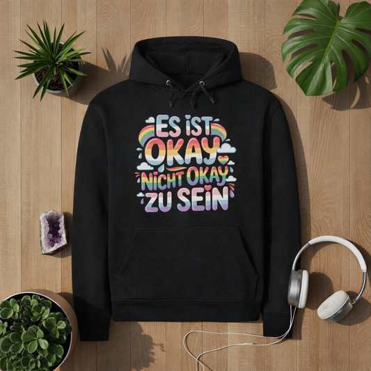 Schwarzer Hoodie mit „Es ist okay nicht okay zu sein“ Design in bunten Regenbogenfarben – positives Mental Health Statement Hoodie von Bright Lights Arts