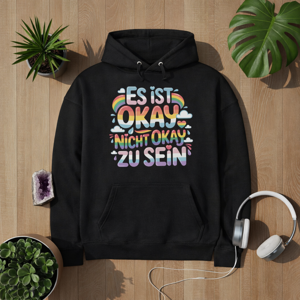 chwarzer Oversized Hoodie mit „Es ist okay nicht okay zu sein“ Design in bunten Regenbogenfarben – gemütlicher Mental Health Statement Hoodie von Bright Lights Arts