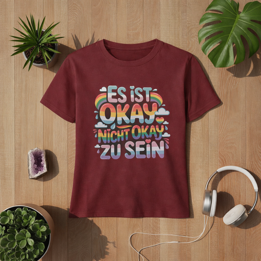 Rotes Premium Organic Damen T-Shirt mit „Es ist okay nicht okay zu sein“ Design in bunten Regenbogenfarben – nachhaltiges Mental Health Statement Shirt von Bright Lights Arts