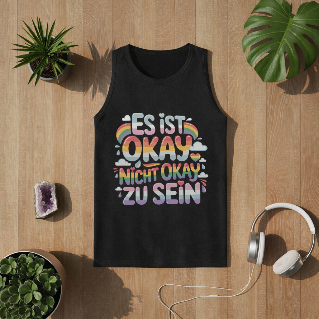 Schwarzes Tanktop mit „Es ist okay nicht okay zu sein“ Design in bunten Regenbogenfarben – positives Mental Health Statement Tank Top von Bright Lights Arts