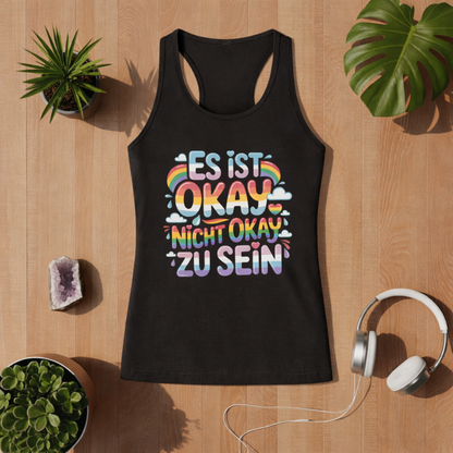 Schwarzes Damen Tanktop mit „Es ist okay nicht okay zu sein“ Design in bunten Regenbogenfarben – figurbetontes Mental Health Statement Top von Bright Lights Arts