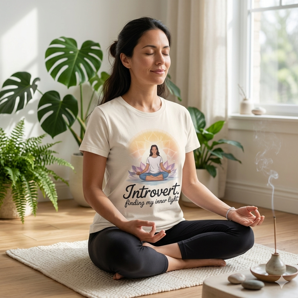 Frau meditiert in einem hellen Raum im Bright Lights Arts Bio-T-Shirt mit strahlendem Mandala-Design und Text Finding My Inner Light.