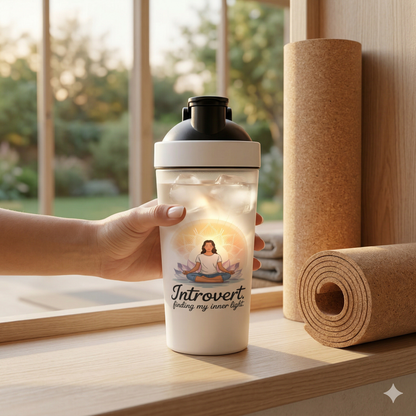 Hochwertiger Fitness-Shaker mit strahlendem Yoga-Mandala und Text Finding My Inner Light neben einer Yoga-Matte.