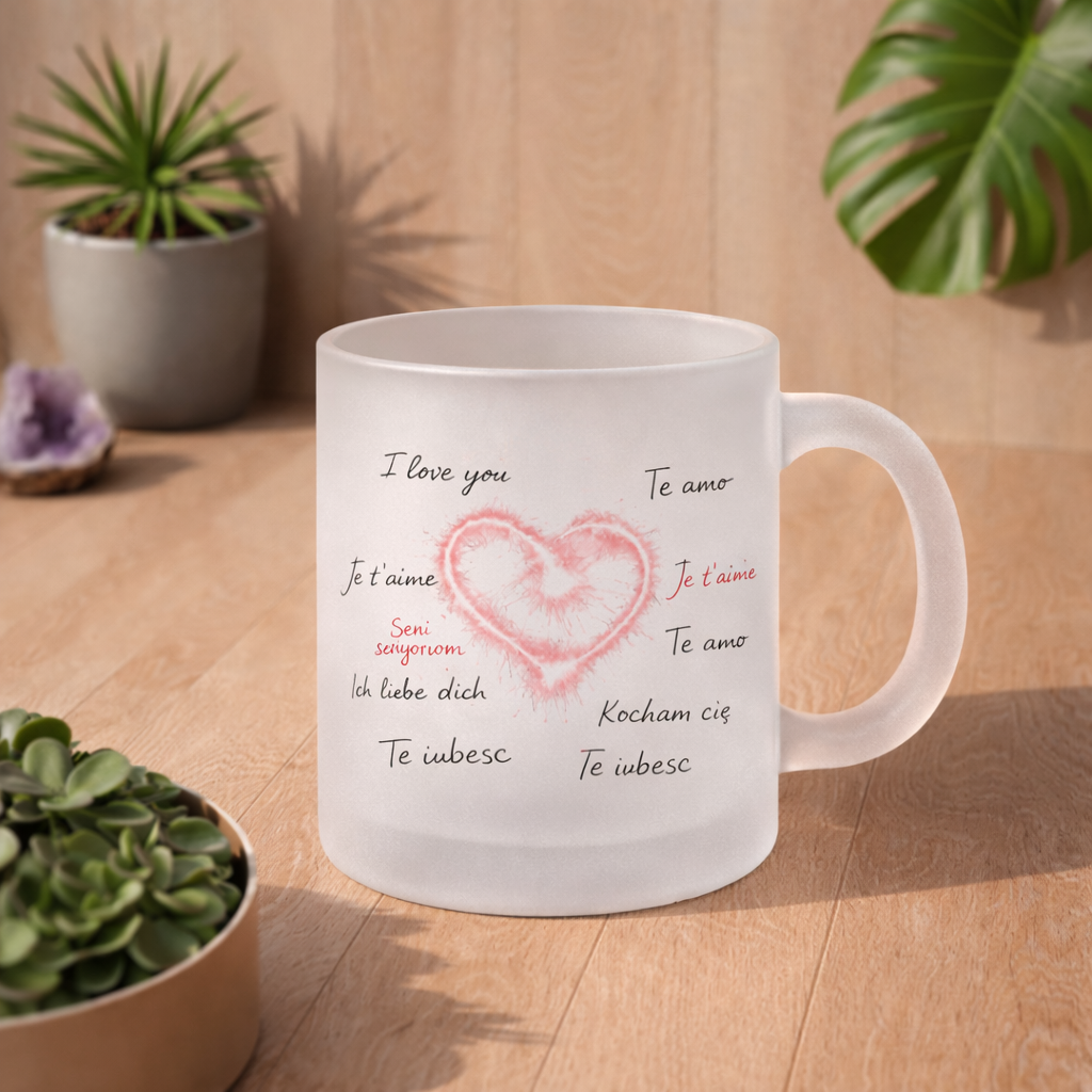 Satinierte Glastasse mit leuchtendem Herz und „I love you“ in verschiedenen Sprachen, platziert auf Holzoberfläche im hellen Lifestyle Mockup mit Pflanzen und warmem Licht