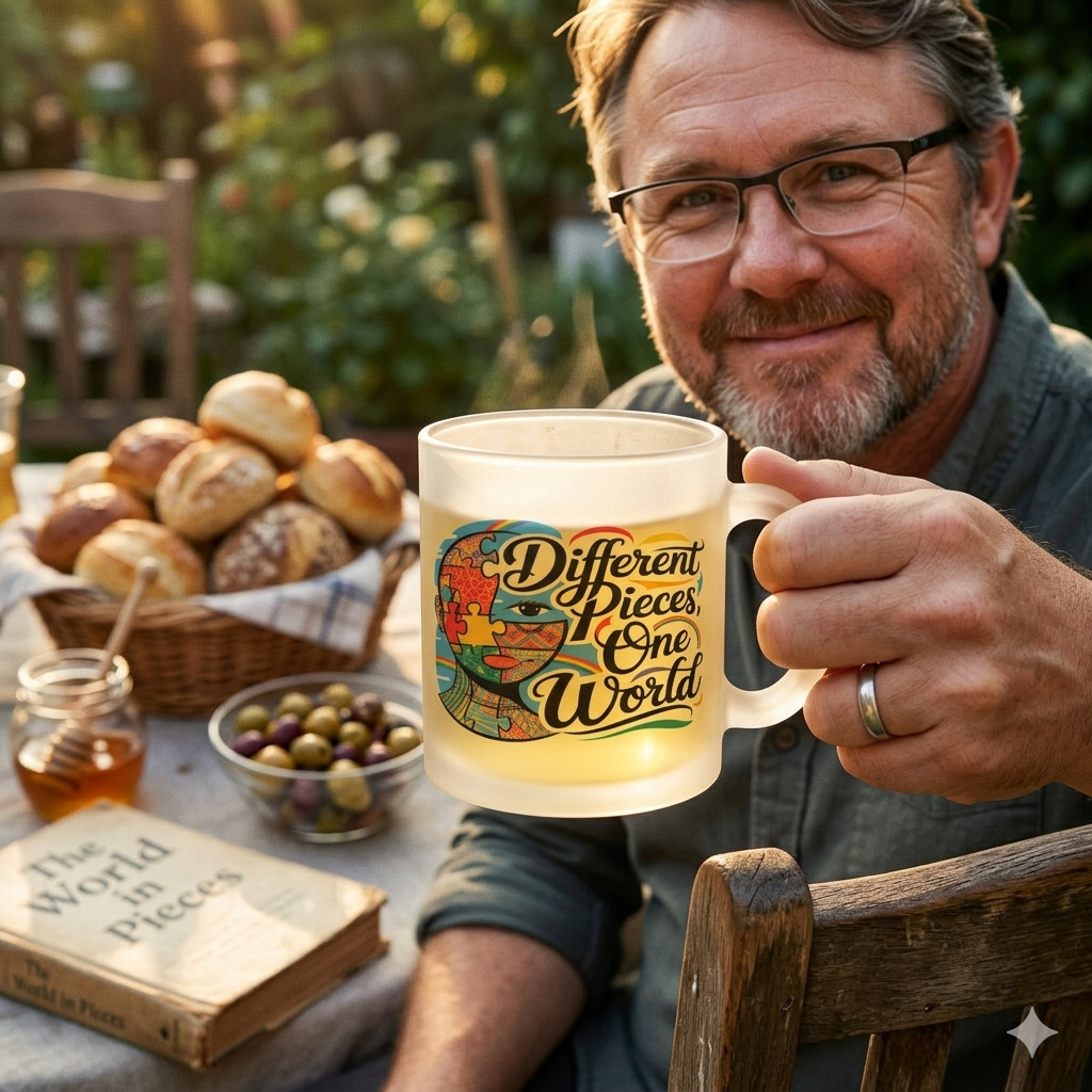 Satinierte Glastasse mit mattem Finish und buntem Puzzle-Portrait mit Slogan Different Pieces One World im Gegenlicht.