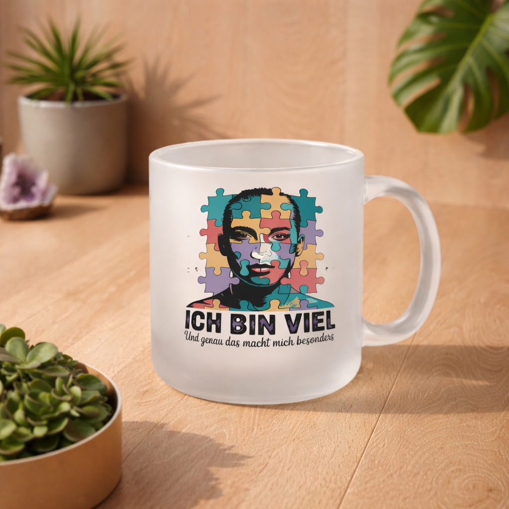 Satiniert Glas Tasse mit Ich bin viel Neurodiversität Puzzle Design auf hellem Holztisch im Bright Lights Arts Lifestyle Mockup mit Pflanzen, moderne matte Glastasse für Alltag und Geschenk