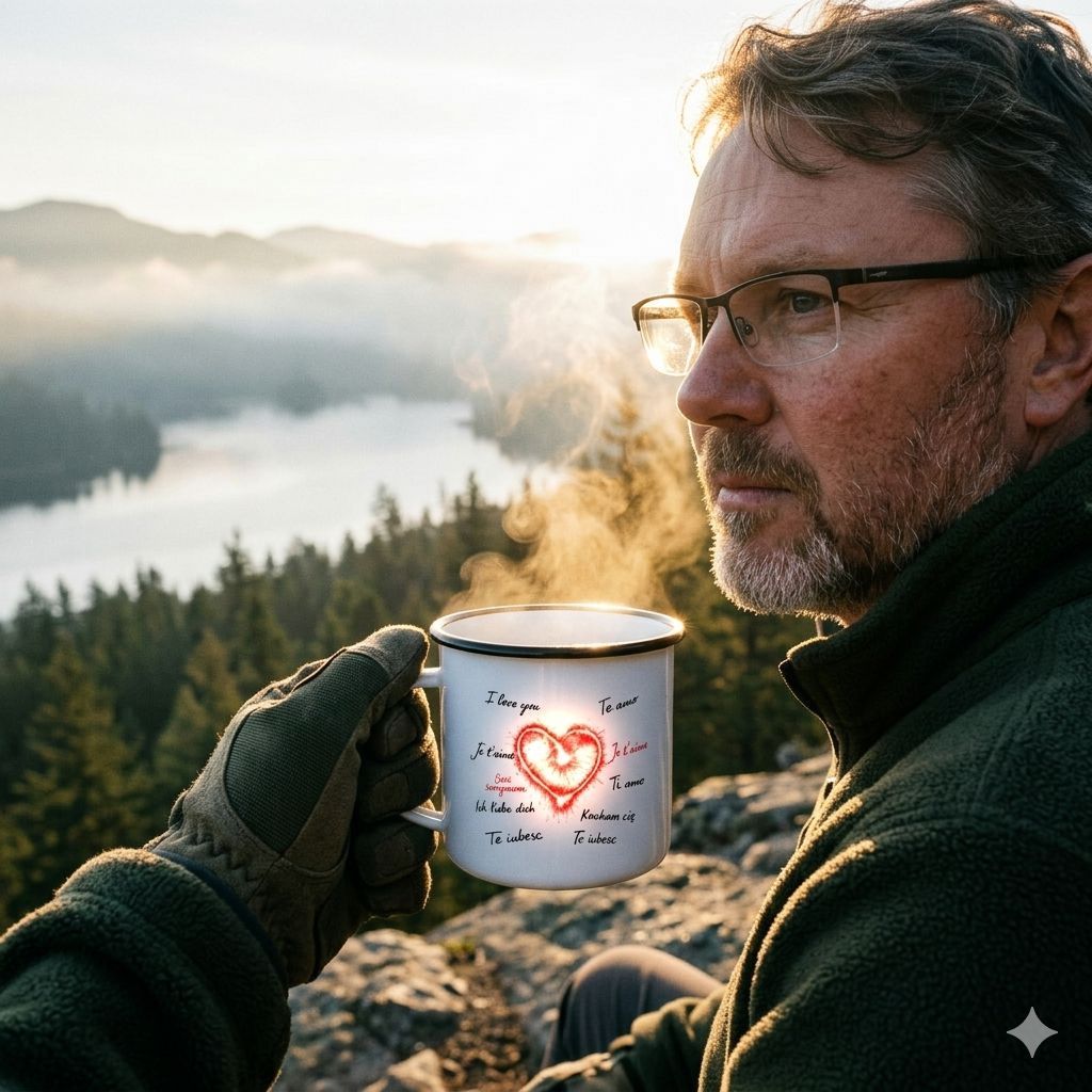 Weißer Emaille-Becher mit glühendem rotem Herz und multilingualen Liebesbotschaften in einer natürlichen Outdoor-Umgebung
