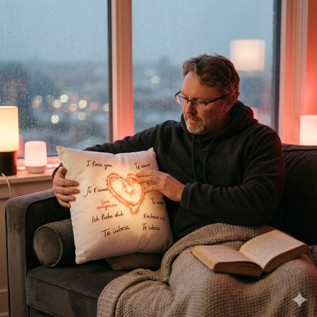 Weißes Dekokissen mit einem glühenden roten Herz und den Schriftzügen "Ich liebe dich" in verschiedenen Sprachen.