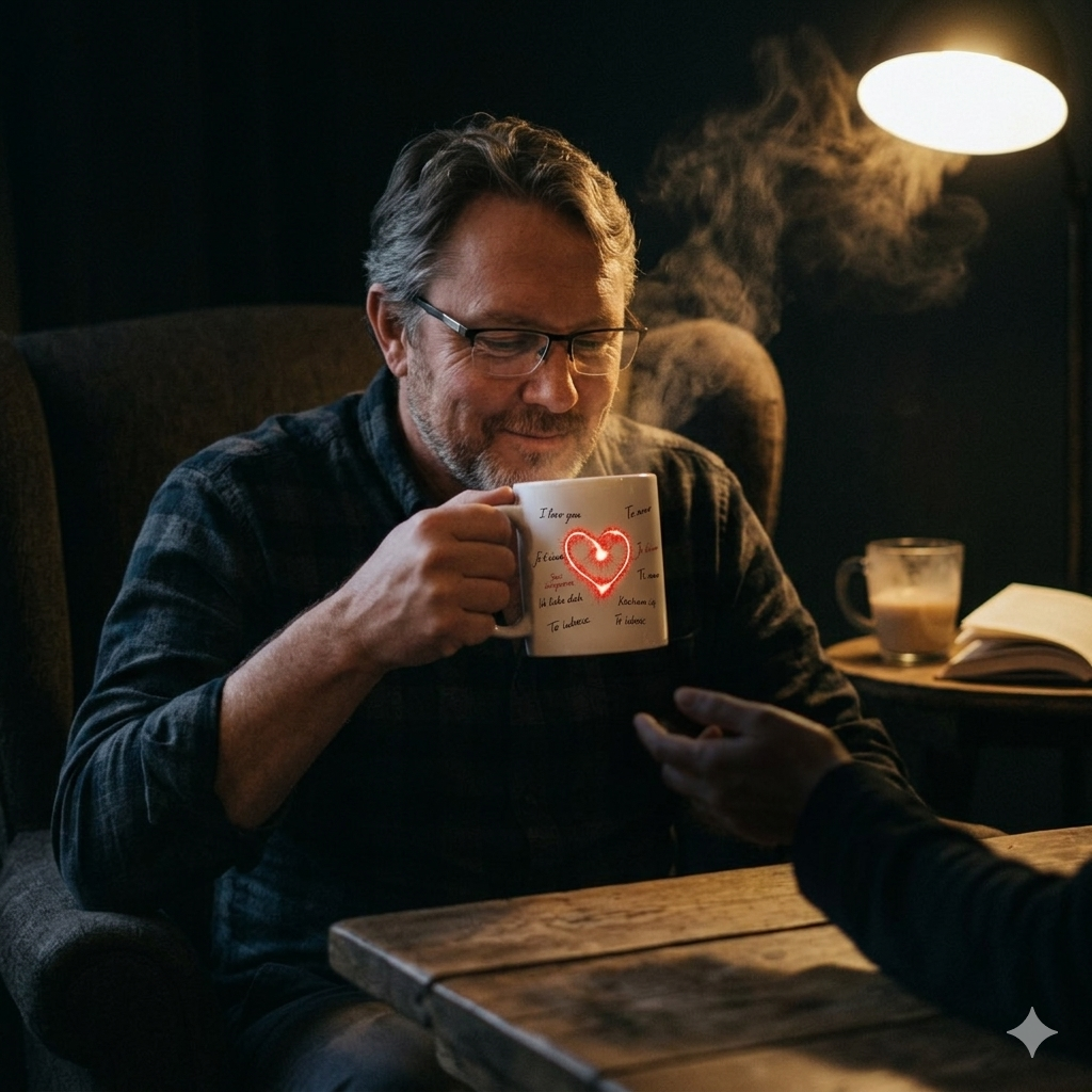Weiße glänzende Keramiktasse mit glühendem rotem Herz und multilingualen Liebesbotschaften, beleuchtet durch einen Sonnenstrahl
