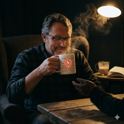 Weiße glänzende Keramiktasse mit glühendem rotem Herz und multilingualen Liebesbotschaften, beleuchtet durch einen Sonnenstrahl