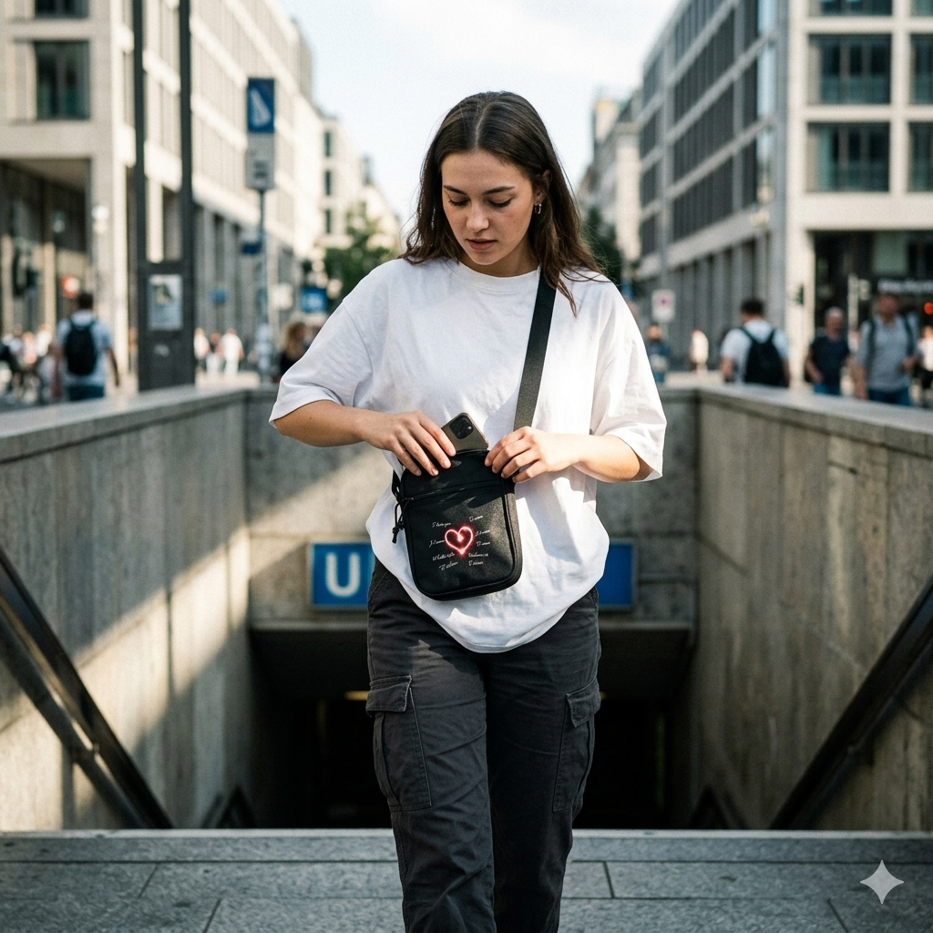 Schwarze Umhängetasche mit glühendem rotem Herz und multilingualen Schriftzügen, im Crossbody-Style in urbanem Licht fotografiert.