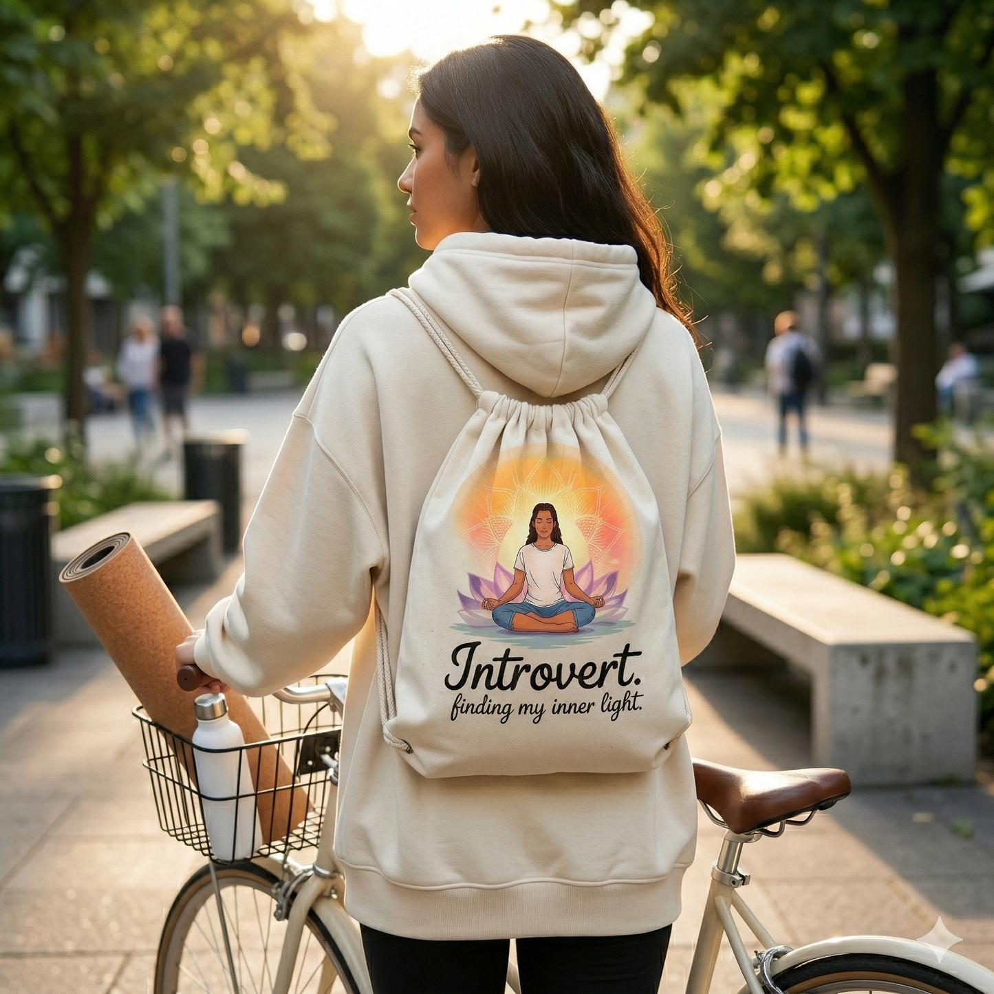 Weißerr Bio-Baumwoll-Turnbeutel mit strahlendem Yoga-Mandala und Text Finding My Inner Light