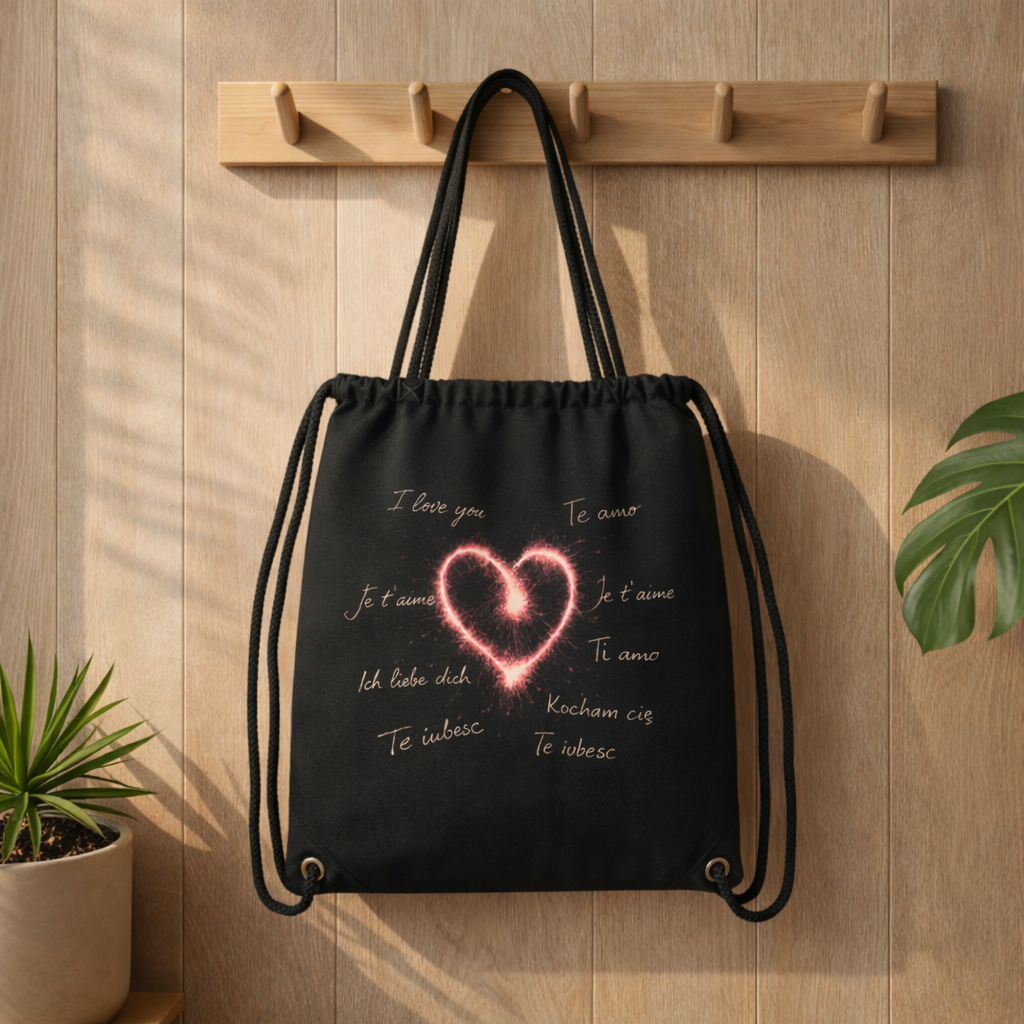Schwarzer Gym Bag mit leuchtendem Herz Design und Love Schrift in verschiedenen Sprachen, aufgehängt an Holzhaken im warmen Bright Lights Arts Mockup Setting mit Pflanzen und natürlichem Licht