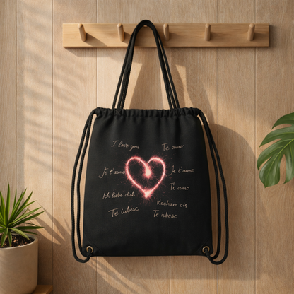 Schwarzer Gym Bag mit leuchtendem Herz Design und Love Schrift in verschiedenen Sprachen, aufgehängt an Holzhaken im warmen Bright Lights Arts Mockup Setting mit Pflanzen und natürlichem Licht