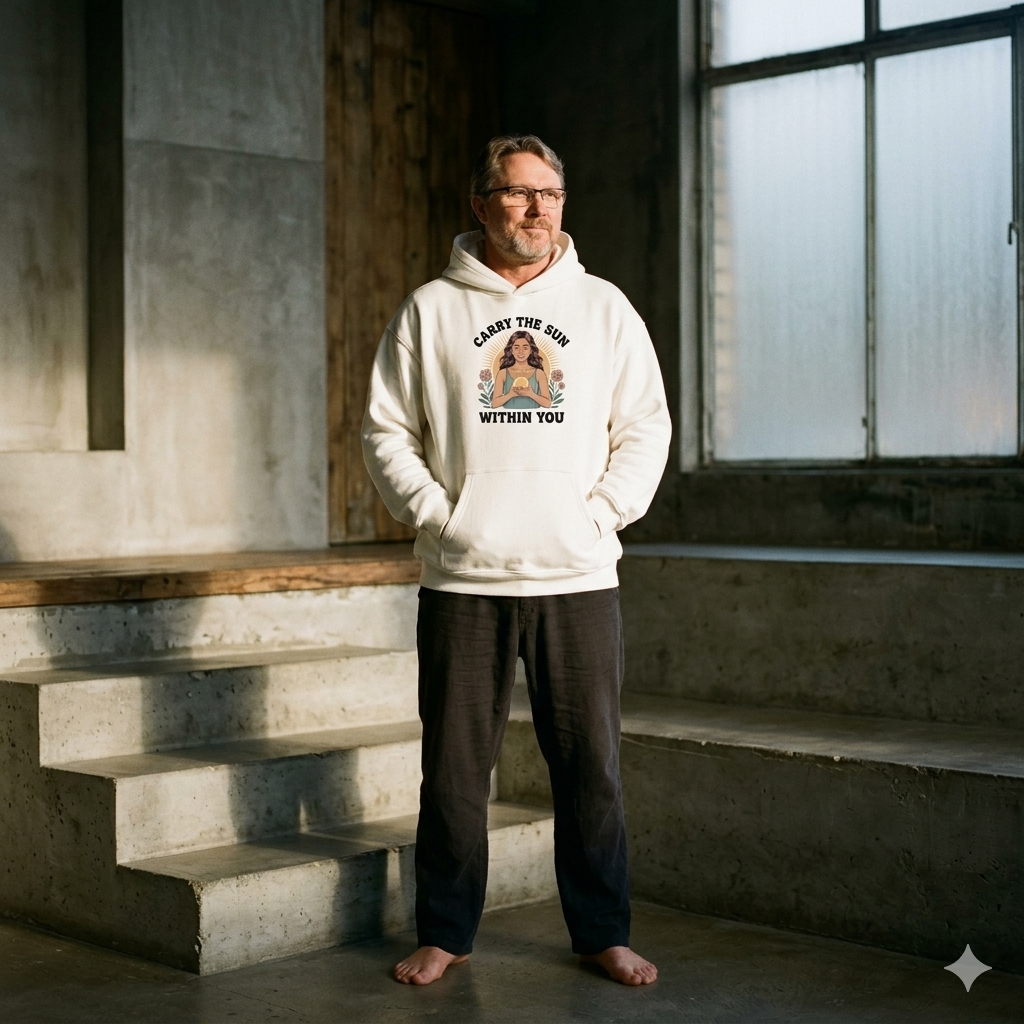 Person im naturfarbenen 380 GSM Heavy Cotton Oversized Hoodie mit der Line-Art Illustration einer Frau und einer Sonne im Herzen.
