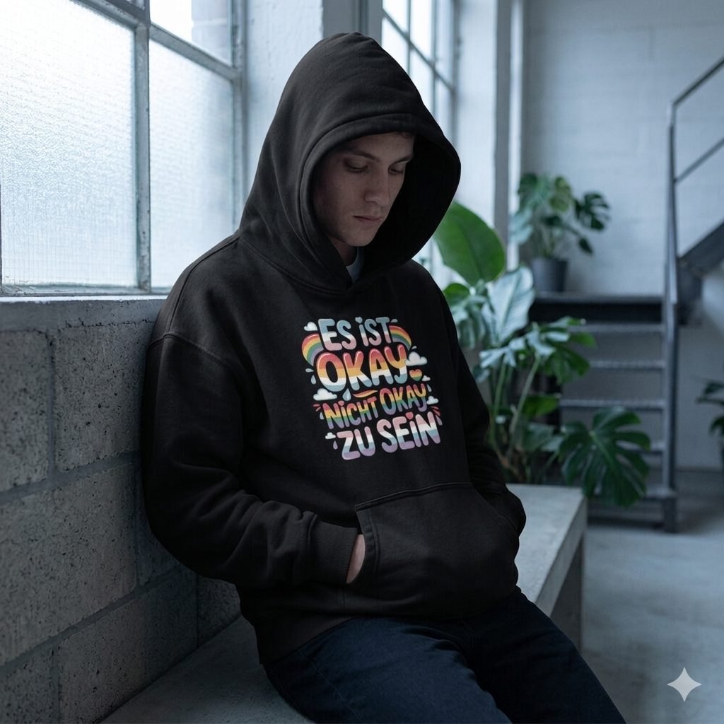 Person im schwarzen 380 GSM Heavy Cotton Oversized Hoodie mit dem Bubbly-Schriftzug Es ist okay nicht okay zu sein.