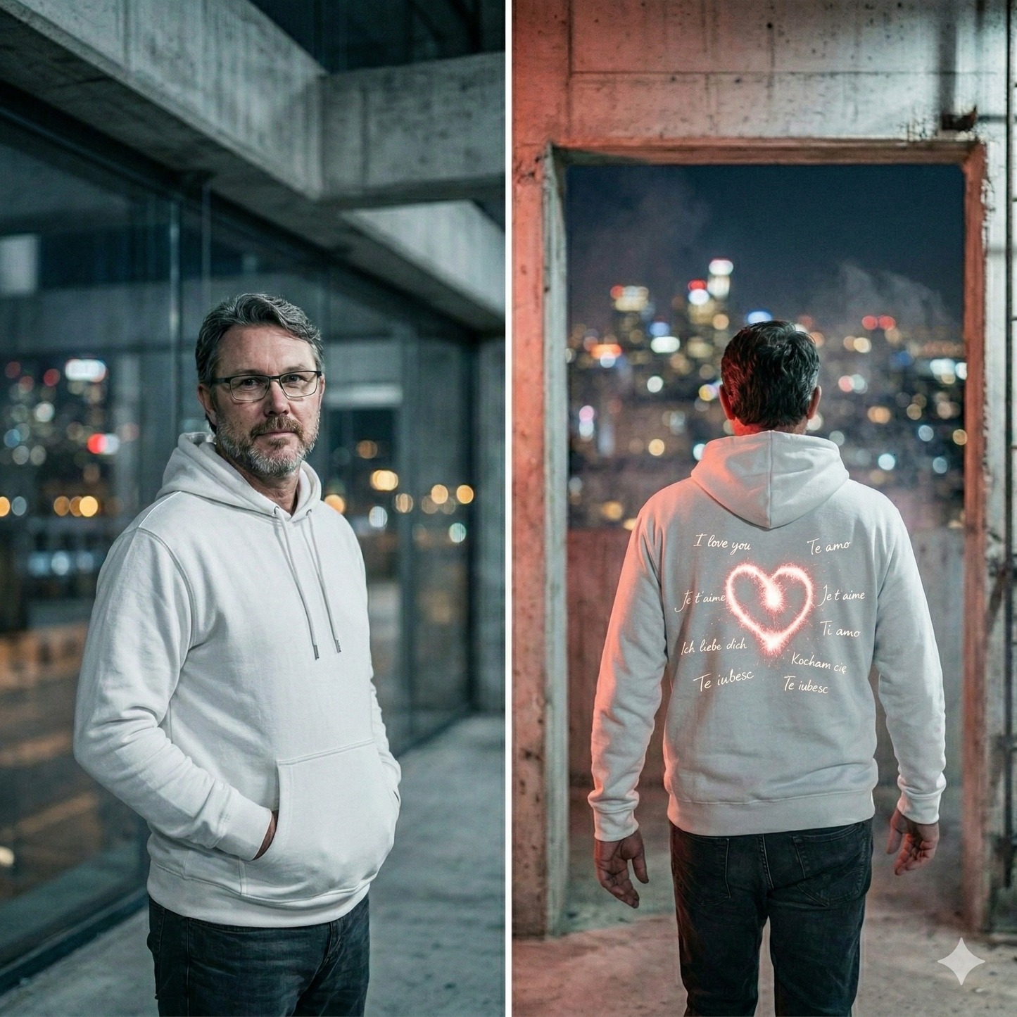 Weißes 280 GSM Heavy Cotton Oversized Hoodie mit kleinem leuchtendem Herz vorne und großem multilingualen Herz-Design auf dem Rücken