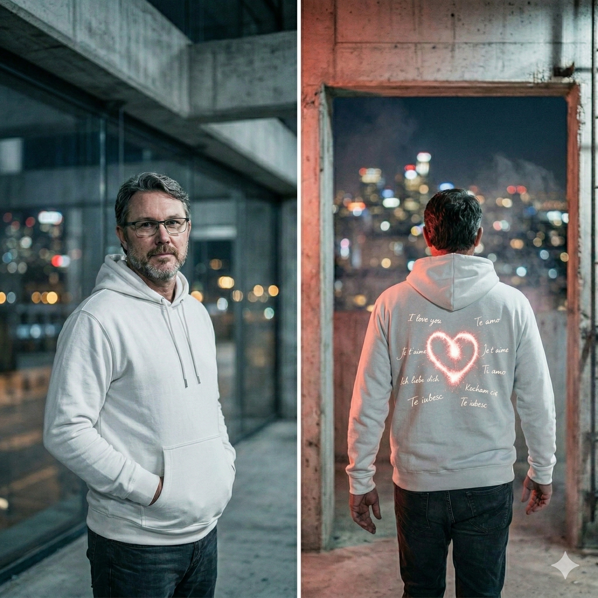 Weißes 280 GSM Heavy Cotton Oversized Hoodie mit kleinem leuchtendem Herz vorne und großem multilingualen Herz-Design auf dem Rücken