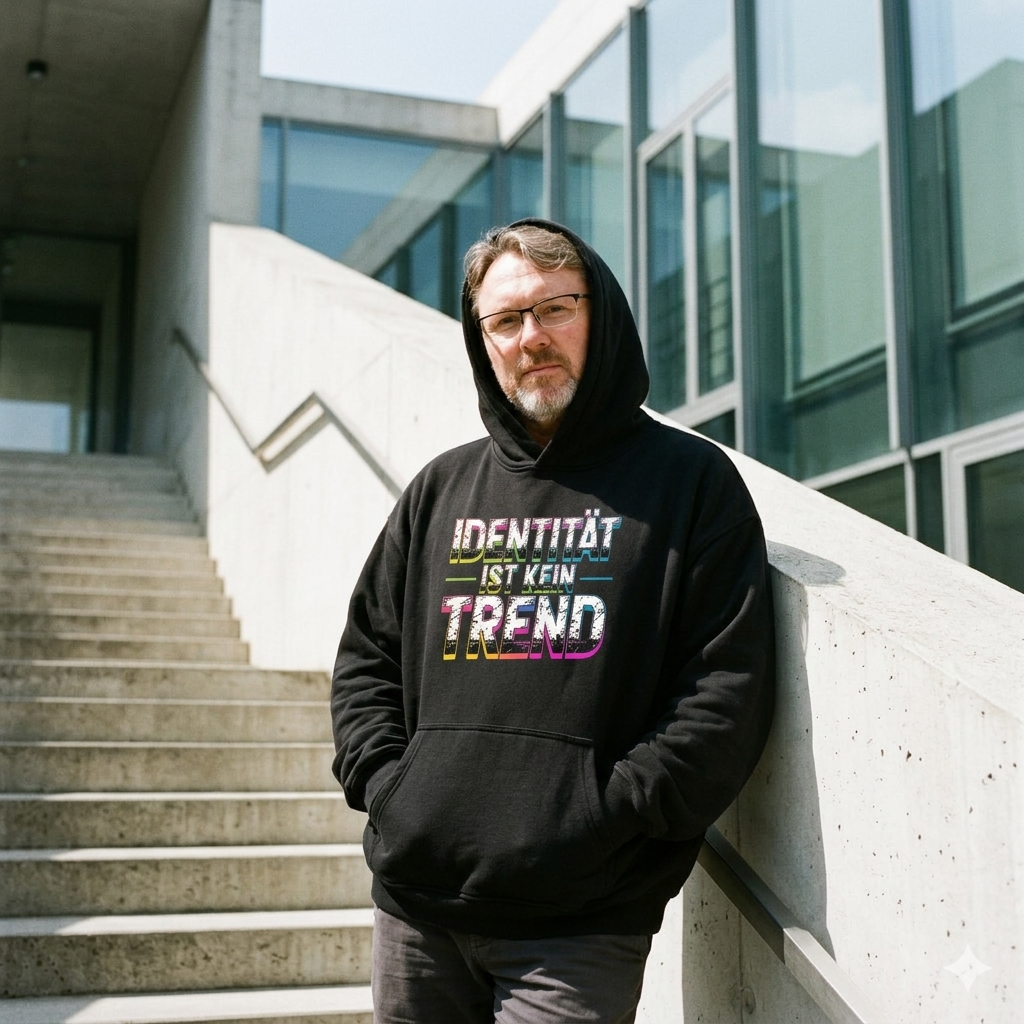 Person im schwarzen 380 GSM Heavy Cotton Oversized Hoodie mit dem Neon-Distressed-Schriftzug Identität ist kein Trend.
