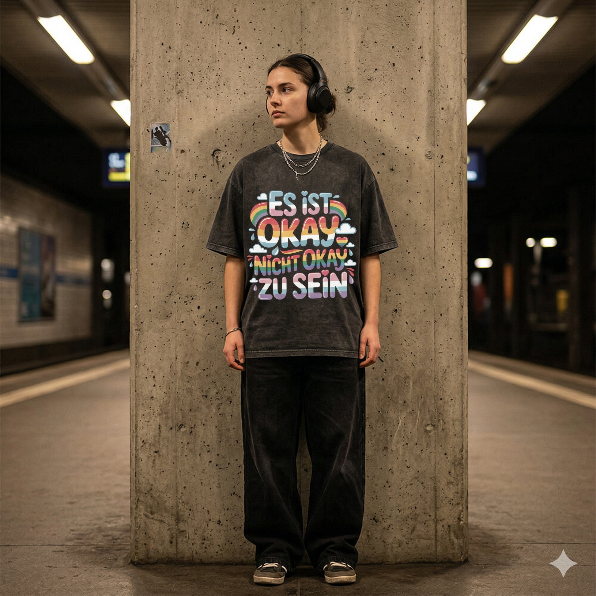 Person im schwarzen Heavy Cotton Oversized Shirt mit dem Bubbly-Schriftzug Es ist okay nicht okay zu sein.