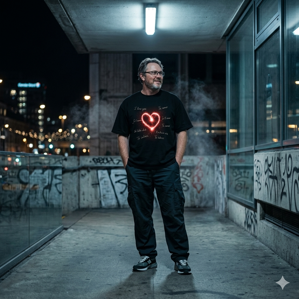 Person im schwarzen 240 GSM Heavy Cotton Oversized Shirt mit einem glühenden roten Herz und multilingualen Schriftzügen