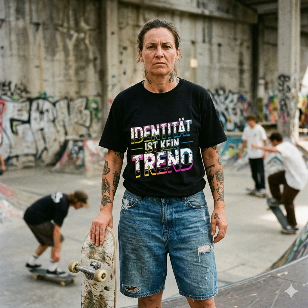 Person im schwarzen 240 GSM Heavy Cotton Oversized Shirt mit dem Neon-Distressed-Schriftzug Identität ist kein Trend.