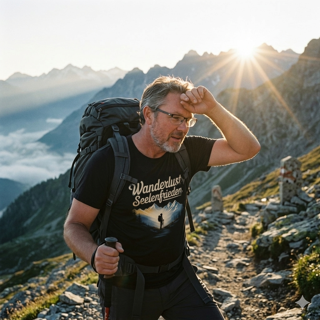 Mann im sportlichen Funktionsshirt mit Berg-Grafik und dem Schriftzug Wanderlust Seelenfrieden beim Trailrunning.