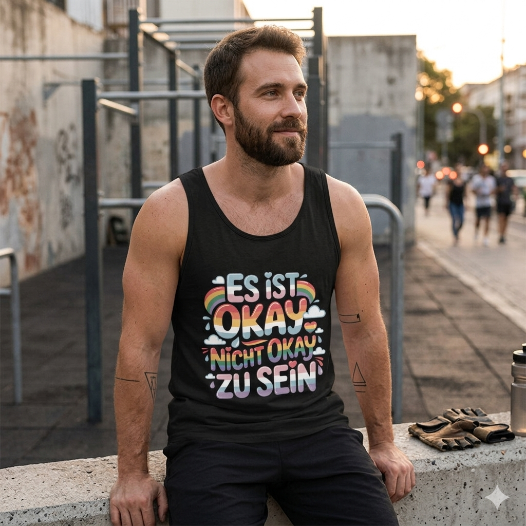 Mann im schwarzen Bio-Tanktop mit dem Bubbly-Schriftzug Es ist okay nicht okay zu sein.