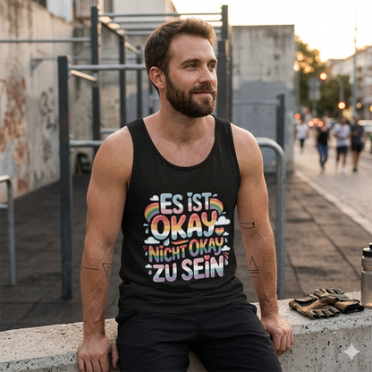 Mann im schwarzen Bio-Tanktop mit dem Bubbly-Schriftzug Es ist okay nicht okay zu sein.