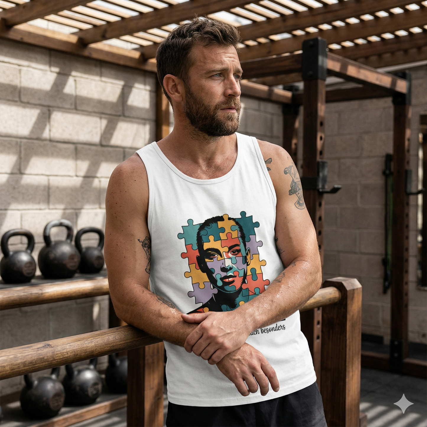 Mann im weißenn Bright Lights Arts Bio-Tanktop mit künstlerischem Puzzle-Profil und Text Ich bin viel.