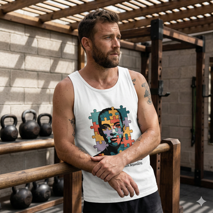 Mann im weißenn Bright Lights Arts Bio-Tanktop mit künstlerischem Puzzle-Profil und Text Ich bin viel.