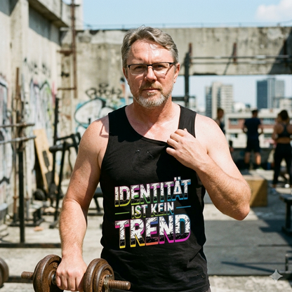 Mann im schwarzen Bio-Tanktop mit dem bunten Distressed-Schriftzug Identität ist kein Trend.