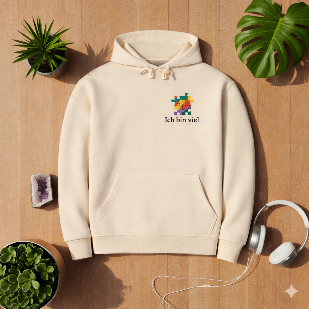 Beiger Bright Lights Arts Hoodie mit buntem Puzzle Motiv und Schriftzug „Ich bin viel“ als Flatlay auf hellem Holzboden mit Pflanzen und Kopfhörern – minimalistisches Lifestyle Mockup