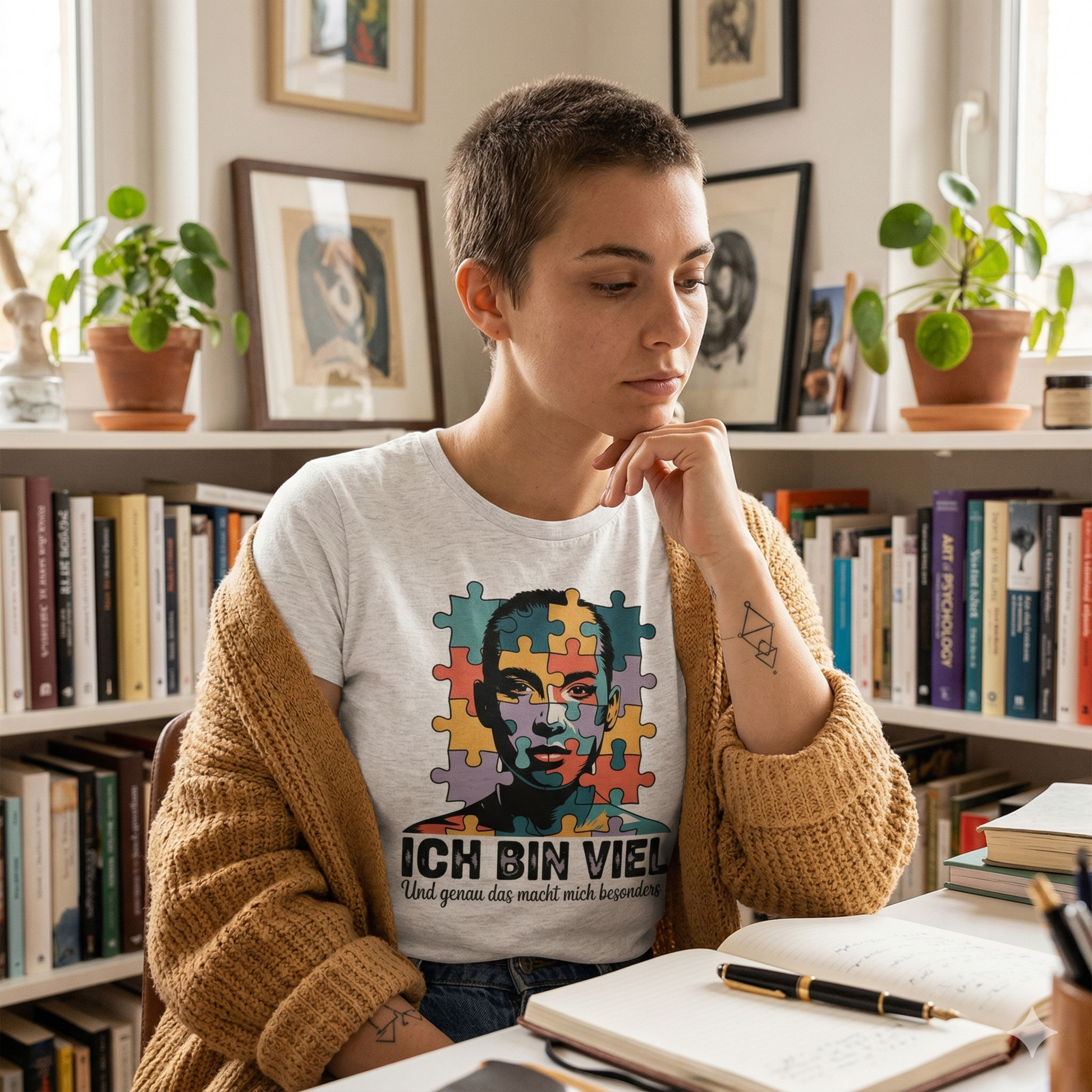 Frau im Bright Lights Arts Bio-T-Shirt mit künstlerischem Puzzle-Profil und Text Ich bin viel. Und genau das macht mich besonders.