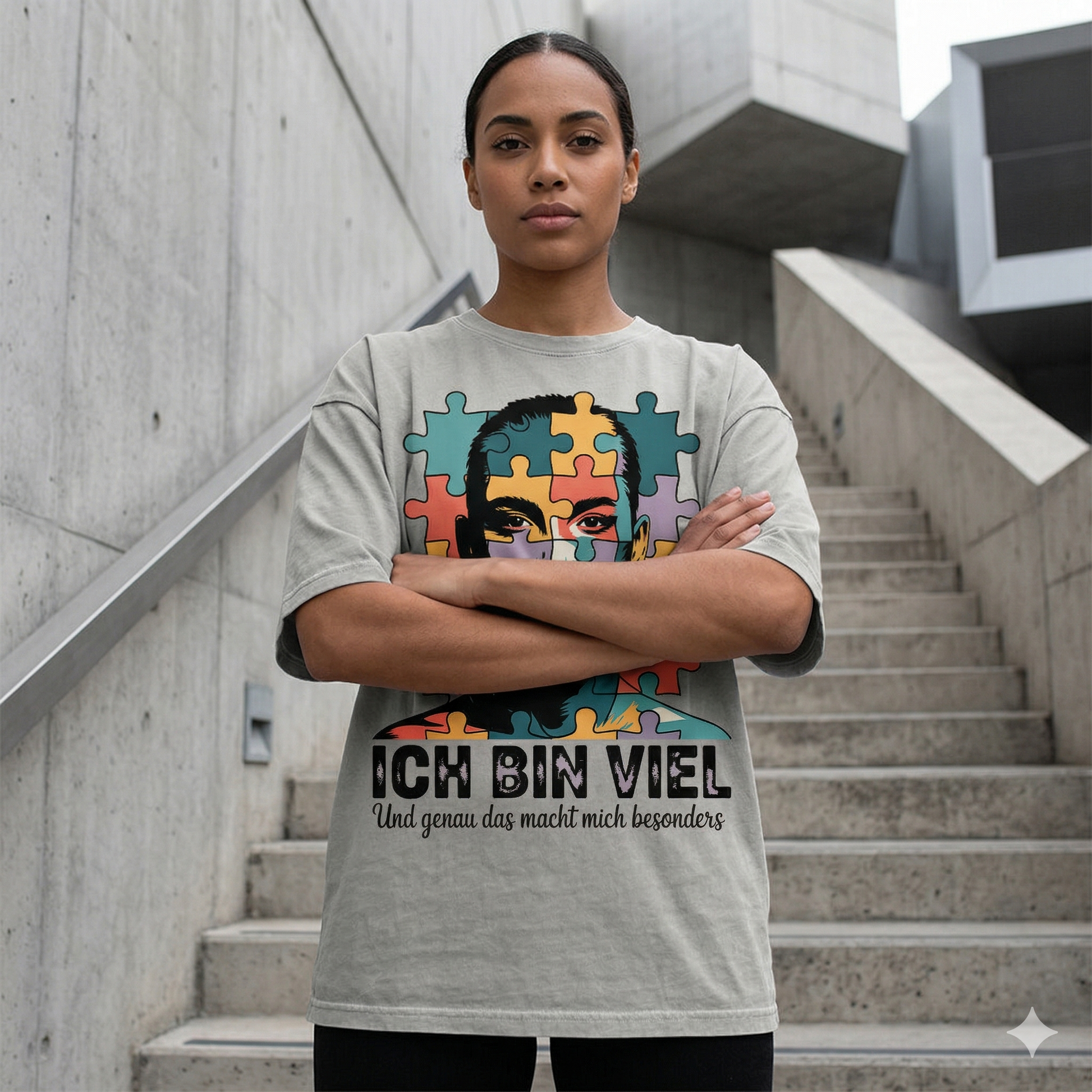Frau im grauen Bright Lights Arts Oversized Shirt aus schwerer Baumwolle mit Puzzle-Gesichts-Print und Text Ich bin viel