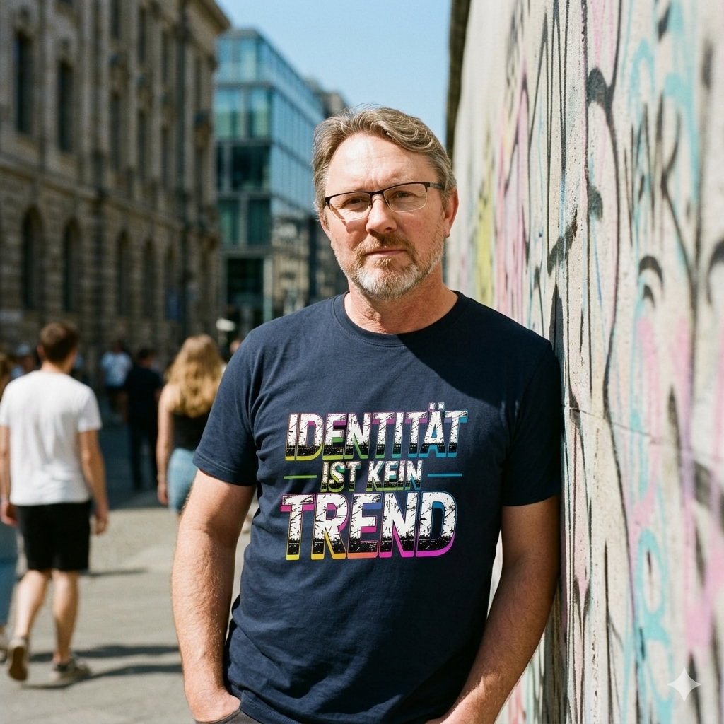 Person im schwarzen Bio-Shirt mit dem bunten Distressed-Schriftzug Identität ist kein Trend.