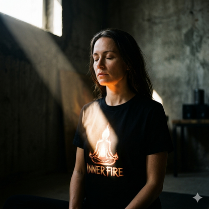 Frau im schwarzen Bio-Baumwoll-Shirt, das durch gezielten Lichteinfall das "Inner Fire" Design wie eine echte Lichtquelle leuchten lässt.