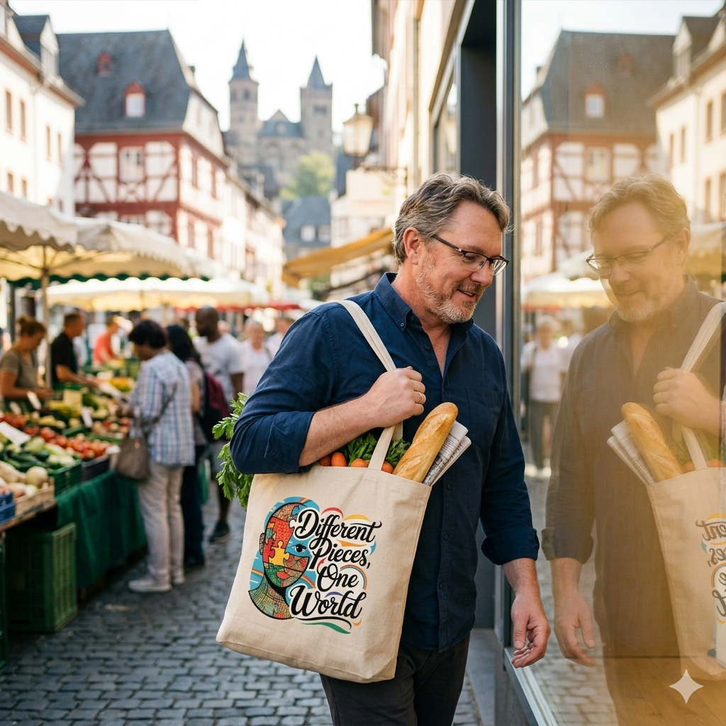 Hochwertiger schwarzer Jutebeutel mit buntem Puzzle-Portrait und Slogan Different Pieces One World in einer Alltagssituation.