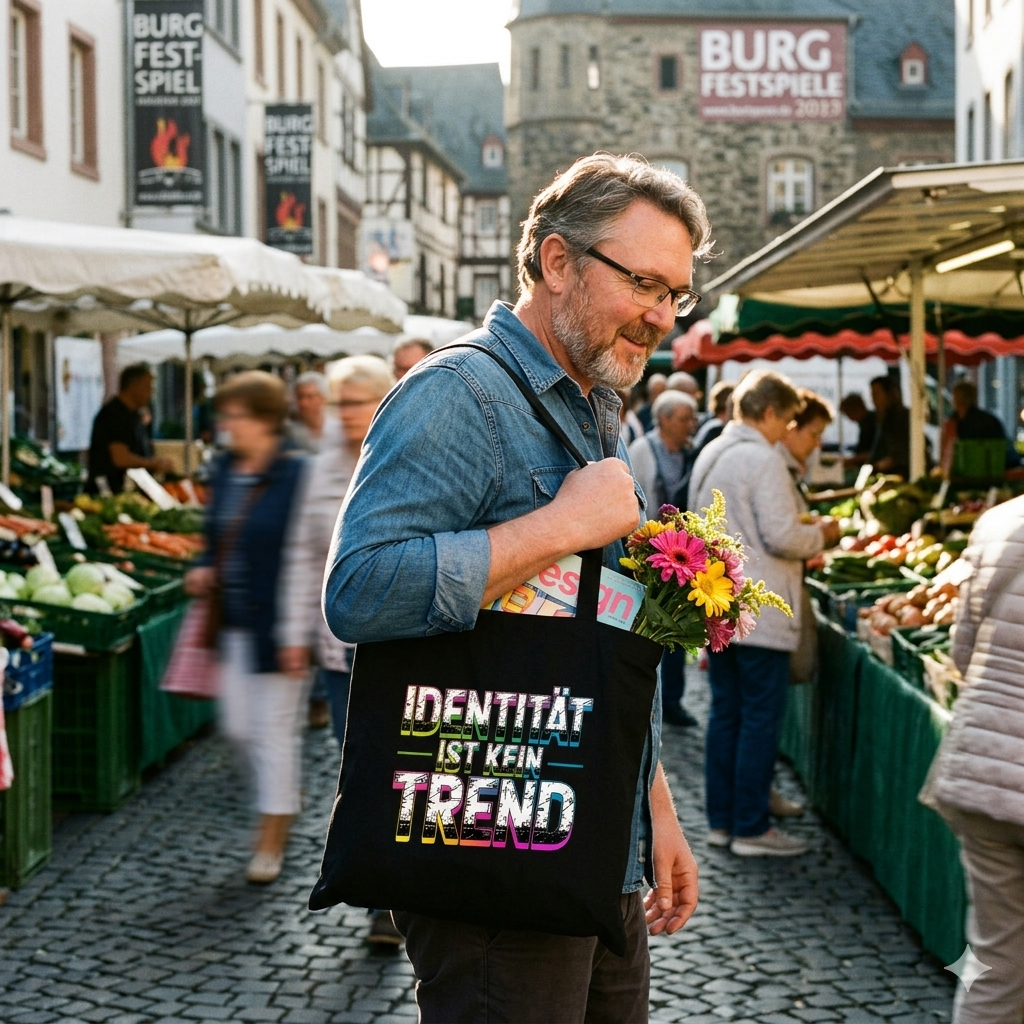 Schwarzer Bio-Jutebeutel mit dem bunten Neon-Distressed-Schriftzug Identität ist kein Trend
