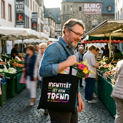 Schwarzer Bio-Jutebeutel mit dem bunten Neon-Distressed-Schriftzug Identität ist kein Trend