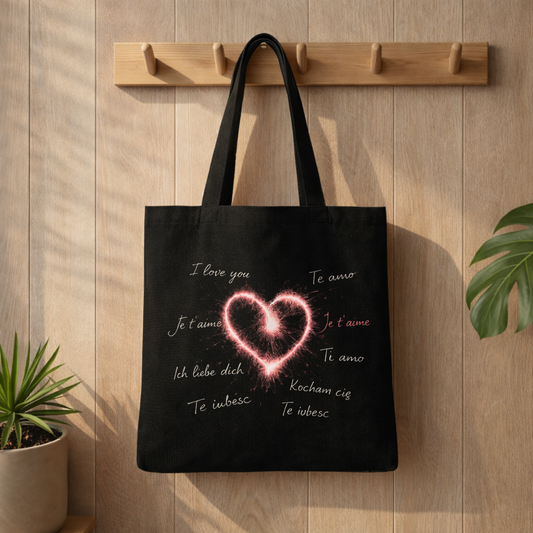 Schwarzer Jutebeutel mit leuchtendem Herz Design und „I love you“ in mehreren Sprachen im Bright Lights Arts Mockup auf Holz-Hintergrund